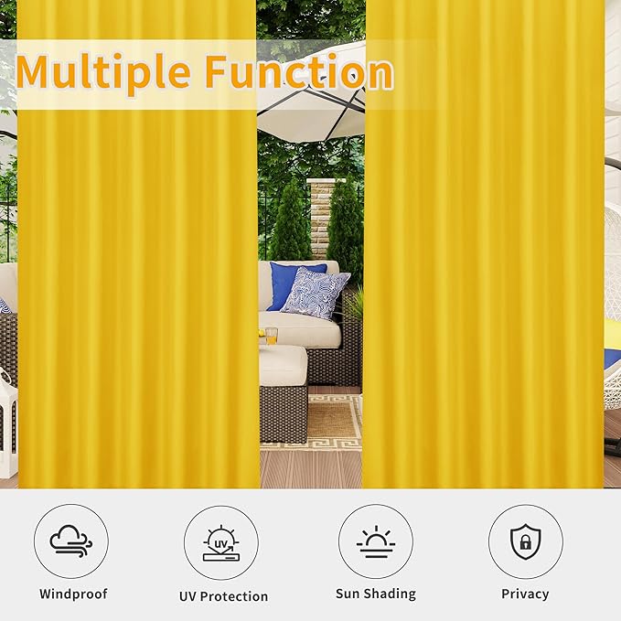 Easy-Going Outdoor Patio Curtains Detachable Tab Top Windproof Weatherproof Curtain for Cabana, Porch, Pergola and Gazebo, Tab Bottom Drape, 2 Panels, 110W x 84L inch, Yellow Easy-Going