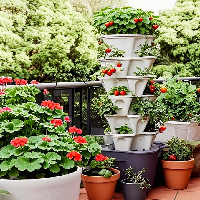 Strawberry Planters, 3 Tiered Vertical Stackable Planter, Herb Stacking Tower Garden, Flower Vegetable Planters with Support Pole, Indoor & Outdoor with Removable Wheels - White Lykvrii