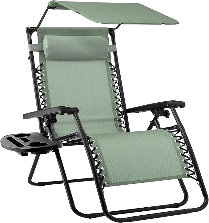 Best Choice Products Folding Zero Gravity Outdoor Recliner Patio Lounge Chair w/Adjustable Canopy Shade, Headrest, Side Accessory Tray, Textilene Mesh - Sage Green BestChoiceProducts