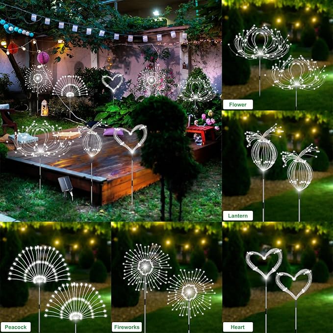 Solar Garden Lights Outdoor Waterproof, 4 Pack Total 480 LED Solar Firework Lights Decorative with 8 Lighting Modes Outside for Yard Pathway Flowerbed Decor, White Slyuexu