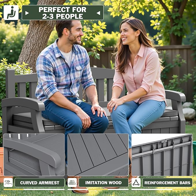 Flamaker 80 Gallon Storage Bench with Cushions Outdoor Indoor, Durable All-Weather Seating with Hidden Storage, Lockable Deck Box for Garden, Patio, Poolside (Grey) Flamaker