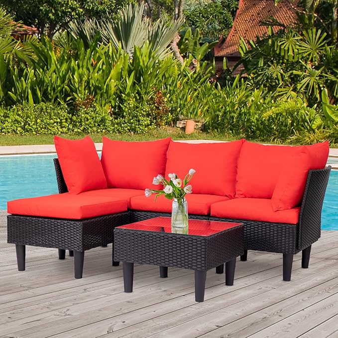 FDW Patio Furniture Sets 5 Pieces Outdoor Wicker Conversation Set Sectional Sofa Rattan Chair for Outdoor Backyard Porch Poolside Balcony Garden Furniture with Coffee Table,Red Cushion FDW