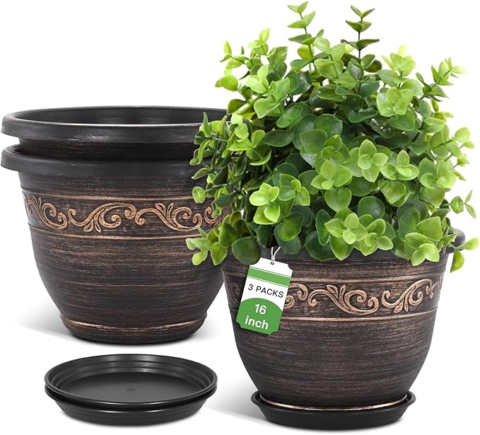 Plastic-Plant-Flower-Planters-16 Inch With Drainage Hole & Saucer, 3 Packs Lightweight Small Resin Flower Pot Indoor Outdoor, Retro Antique Imitation Decorative Garden Containers Sets For Houseplants Pottiffe