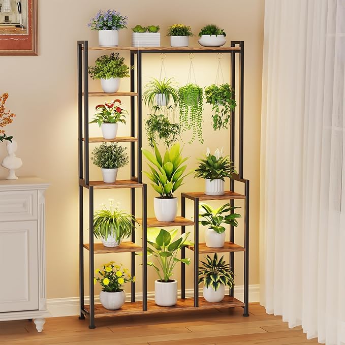 C2 Plant Stand Indoor with Grow Lights, Indoor Tiered Metal Plant Stand 70.87" Tall Plant Shelf with Hooks for Hanging, Plant Holder Display Shelves for Patio, Garden, Outdoor CYXPHION