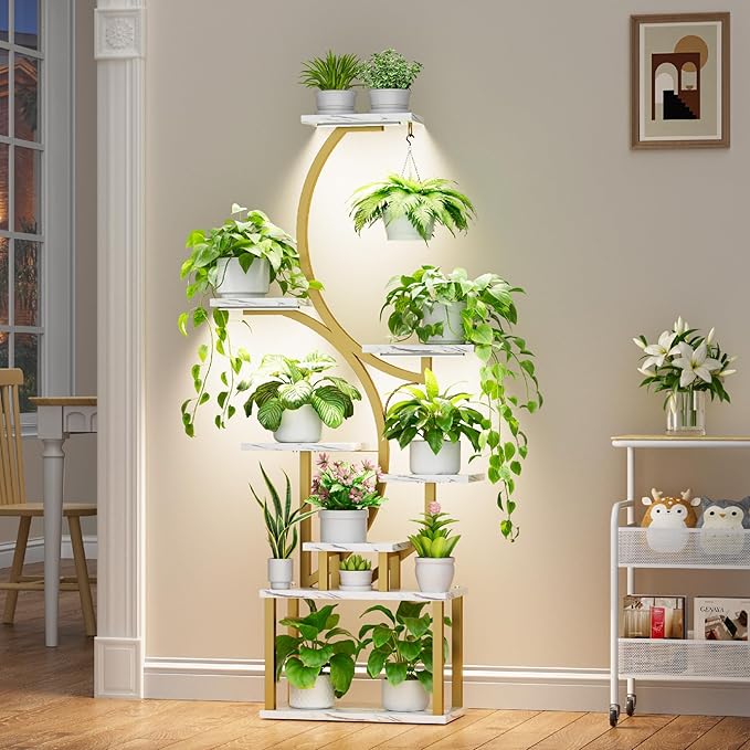 Plant Stand Indoor with Grow Lights - 62" Tall Plant Shelf, Lighted Corner Plant Stands for Indoor Growing, 8 Tiered Large Flower Holder, S-Shaped Plants Rack for Living Room, Bedroom, Faux Marble BACEKOLL