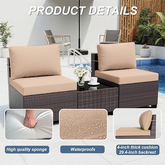 ALAULM Patio Furniture Set with Fire Pit Table 55000 BTU, Outdoor Sectional with Wide Seat and Thick Cushion, 8 Piece Wicker Rattan Conversation Set with Coffee Table for Garden, Deck, Sand ALAULM