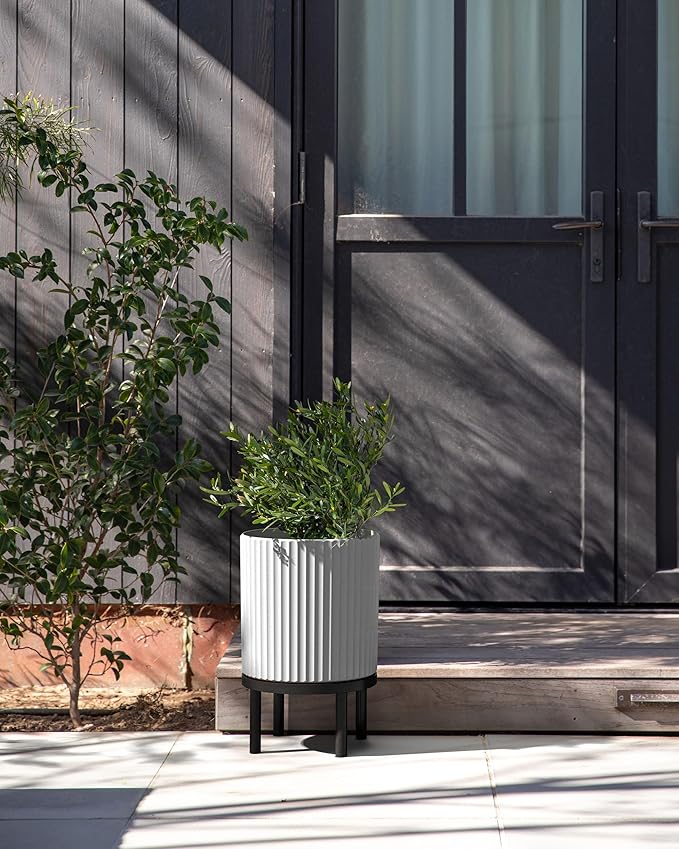 Veradek Demi Series Round Planter w/ Stand for Porch/Patio | Durable Plastic-Concrete & Wooden Stand | Modern Décor for Tall Plants, Flowers VeradekOutdoor