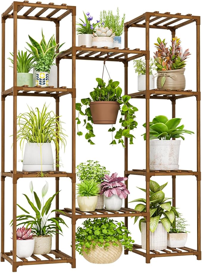 Bamworld Plant Stand Indoor Outdoor Hanging Shelf for Multiple Plants Tall Large Holder for Living Room Patio Balcony Garden (A-Cabinet-Wider) Bamworld