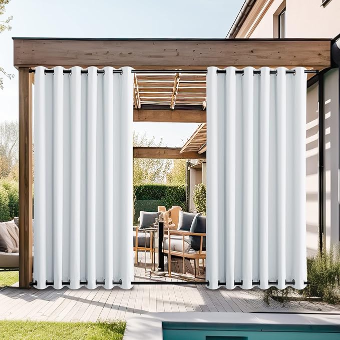 NICETOWN 2 Panels Outdoor Curtains for Patio Waterproof Grommet Top & Bottom, Windproof Thermal Insulated Heat & Sound Blocking Outdoor for Pergola Gazebo, Greyish White, W84 x L84 NICETOWN