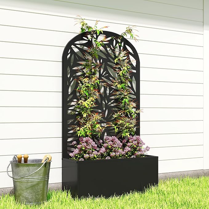 Outsunny Metal Raised Garden Bed with Trellis for Climbing Plants, Freestanding or Wall Mounted Flower Bed with Cueved Privacy Panel, Leaves Cut-Out Outdoor Planter Box for Garden, Patio, Balcony Outsunny