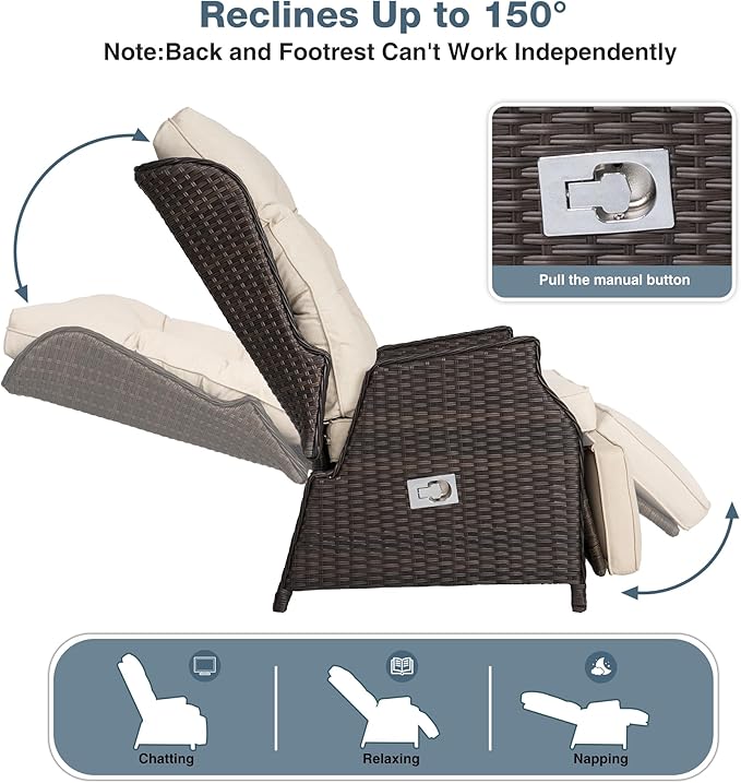Outdoor Indoor Wicker Recliner with Adjustable Back and Footrest, Patio Reclining Chair with Flip-up Table, Outdoor Rattan Lounge Chair, Beige 2PCS COMLAXFIELD
