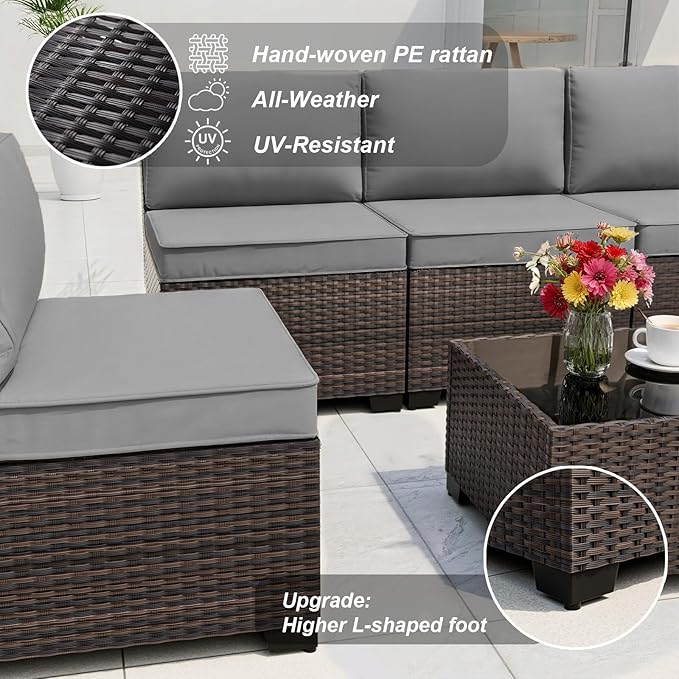 ALAULM Patio Furniture Set with Coffee Table, 7 Pieces Outdoor Sectional with Wide Seat and Thick Cushion, All Weather Wicker Rattan Conversation Set for Backyard, Garden, Deck, Grey ALAULM