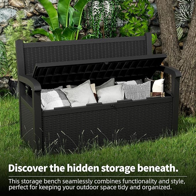 80 Gallon Outdoor Storage Bench Deck Box Waterproof Lockable,Outdoor Storage Furniture for Patio,Garden and Porch,Tools and Cushions（ Black） OutdoorLivingPerfected