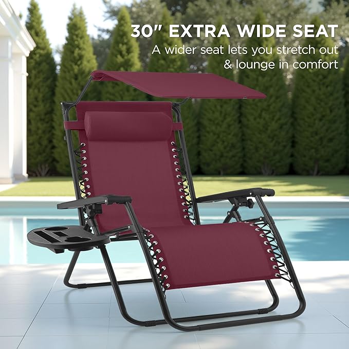 Best Choice Products 30” Wide Folding Zero Gravity Outdoor Recliner Patio Lounge Chair w/Adjustable Canopy Shade, Headrest, Side Accessory Tray - Burgundy BestChoiceProducts