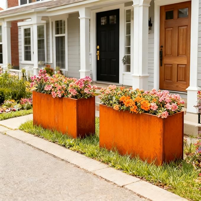 Corten Steel Outdoor Planter Box 32" x 15" x 24" for Outdoor Plants Metal Rectangle Planter Spliced Flower Box with Partitions for Outside,Indoor,Garden (Corten, 32 * 15 * 24) DISCOVERINGBEAUTY