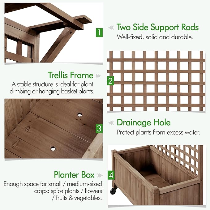 Yaheetech 72" H Horticulture Garden Planter with Trellis for Vine Climbing Plants, Raised Box Outdoor w/Drainage Holes Raised Garden Bed Planter Box for Flowers, Dark Brown Yaheetech