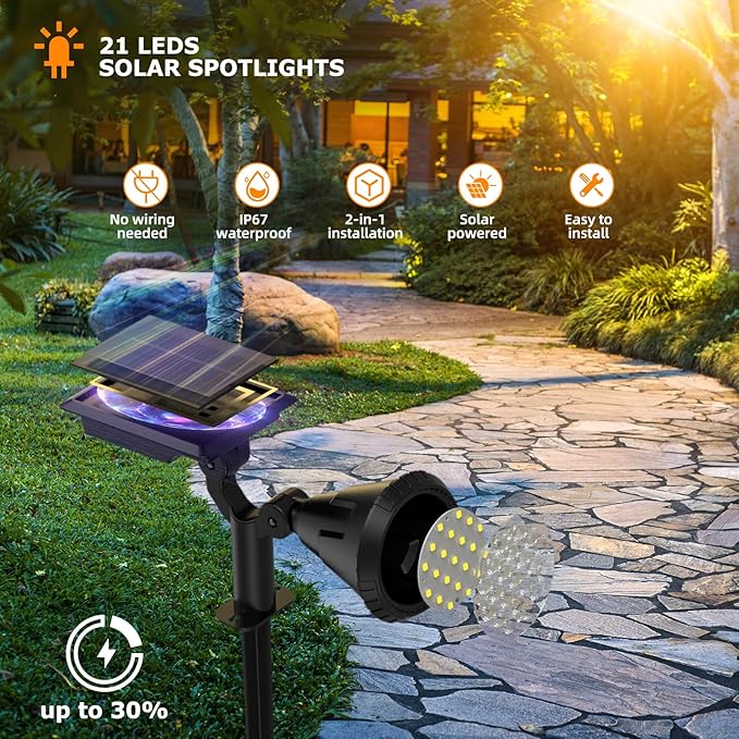 Solar Spot Lights Outdoor, 21 LEDs Brightness Solar Outdoor Lights IP67 Waterproof, 2-in-1 Adjustable Outdoor Lights Solar Powered for Yard Trees Patio Pathway Yard Flag - Cool White(6 Pack) XTGTP