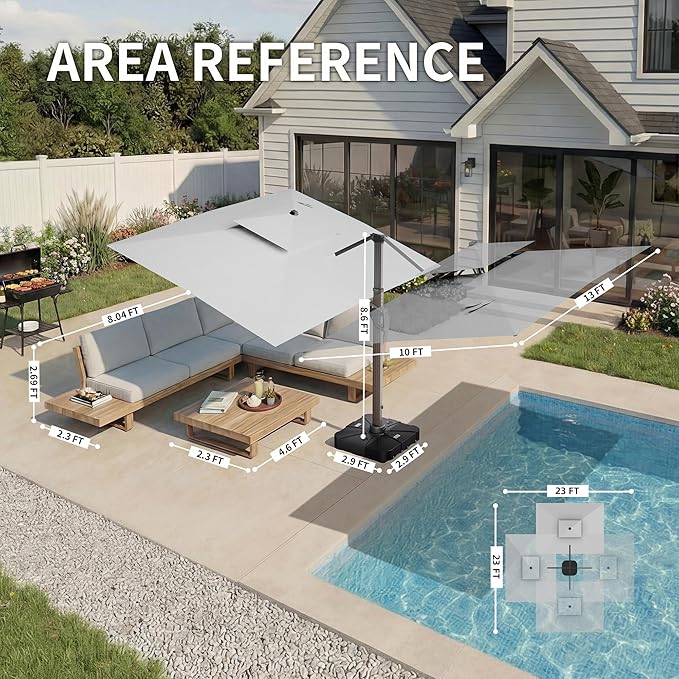 10 X 13 FT Cantilever Patio Umbrella with Led Lights and Base Included Outdoor Heavy Duty Double Top Rectangle Offset Umbrellas with 360-degree Rotation for Pool Deck Backyard, Foggy Grey Ombrellon