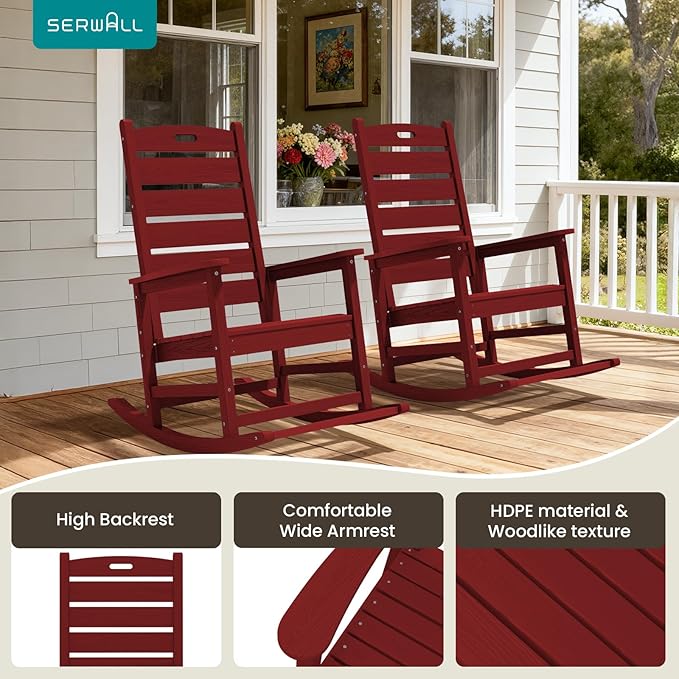 SERWALL Outdoor Rocking Chair Set of 4, Oversized HDPE Patio Rocking Chair with Footrest for Adults, All Weather Porch Rocker for Deck Patio Balcony, Red SERWALL