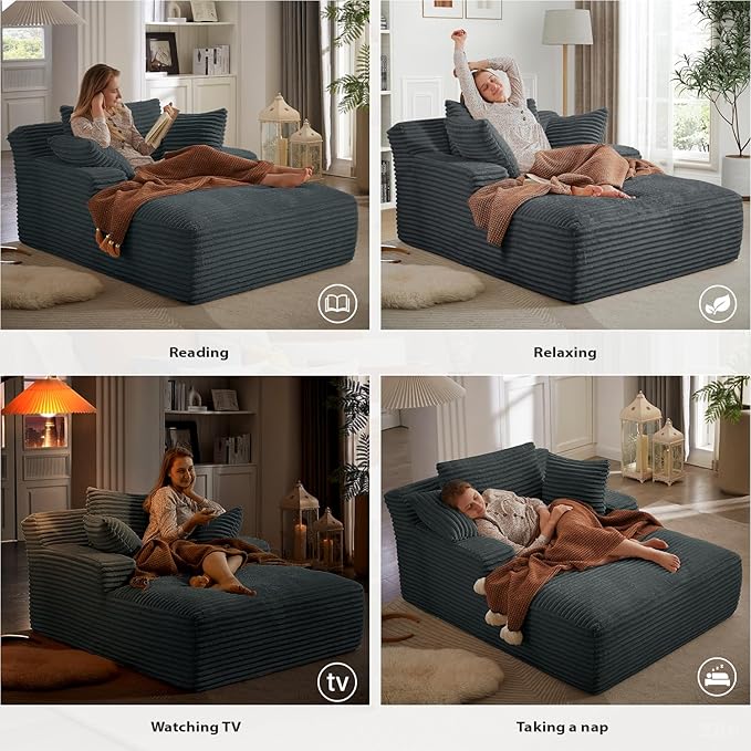 50 Inch Chaise Lounge Chair Indoor, Oversized Corduroy Upholstered Boneless Sofa Bed, Deep Seat Sleeper Couch Reading Chairs, Cloud Sofas Couches for Living Room, No Assembly Required (Dark Grey) ivoros