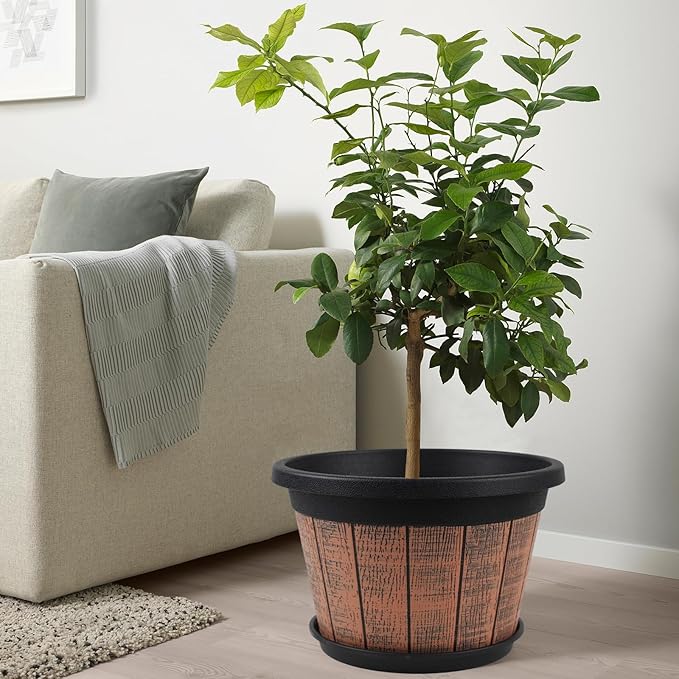 Quarut Large 4 Pack 16 inch Plant Pots,Whiskey Barrel Planters with Drainage Holes & Saucer,Plastic Decoration Flower Pots Retro Design,Planters for Outdoor Indoor Garden Balcony Plants (Brown) Quarut