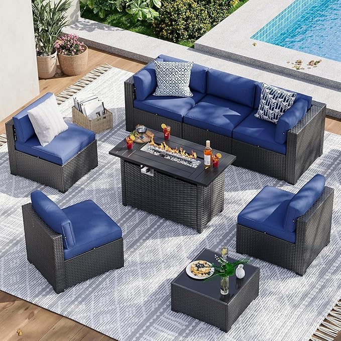 Aoxun 8 Piece Patio Furniture Set with 44” Fire Pit Table, Wicker Rattan Patio Sectional Sofa, Outdoor Furniture Set with Thickened Cushion, Blue Aoxun