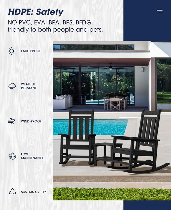 KINGYES Oversized Outdoor Rocking Chair, All-Weather Patio Rocking Chairs for Porch, HDPE Outdoor Patio Rockers with High Back & Wide Seat for Garden, Lawn, Black KINGYES