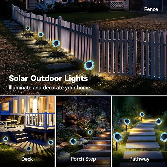 Outdoor Solar Lights, 4 Pack Led Solar Sunflower Lights, Stake/Wall 2-in-1 Waterproof Solar Garden Lights for Yard, Landscape, Fence, Patio, Driveway, Pathway, Backyard Decoration (Warm White) GIUNN