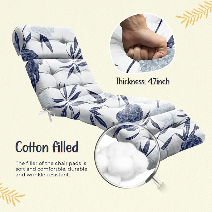 Outdoor Chaise Lounge Chair Cushion 75.1 x 22.8 x 4.7 Inches 100% Waterproof Replacement Cotton Patio Pool Lounge Chair Cushion for Outdoor Furniture with Ties, Blue Enchantress Uthem