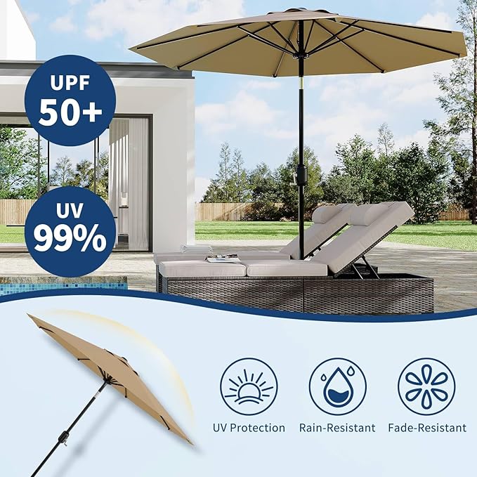 10 ft Patio Umbrella - 8 Sturdy Ribs Outdoor Table Umbrella with Crank Lift & Push Button Tilt - Market Umbrella for Pool, Deck, Yard, Garden - Tan Garvee