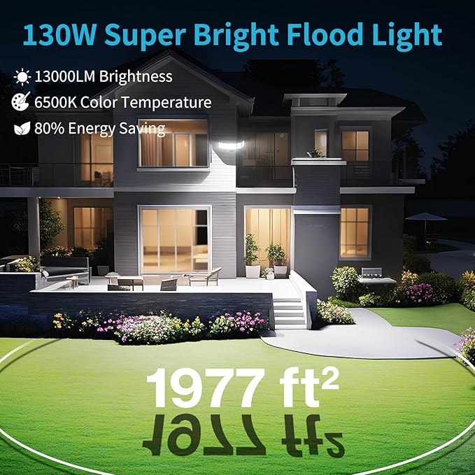 Olafus 130W Flood Light Outdoor, Switch Controlled 13000LM LED Security Light, IP65 Waterproof Outside Floodlight with 5 Adjustable Heads, 6500K Exterior Flood Light Fixture Wired for House Yard Black Olafus