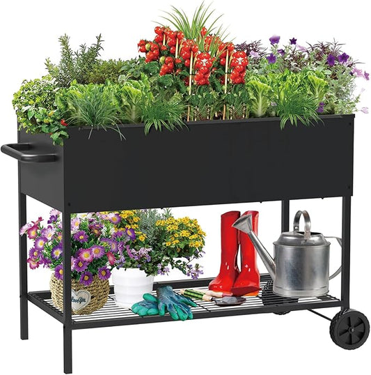 34 × 15 × 31 Inches Raised Garden Bed with Legs/Storage Shelf, Mobile Planter Box for Outdoor Plants, Elevated Garden Bed for Backyard, Balcony, Black Rootora