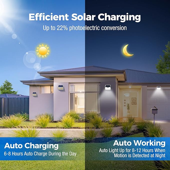 Peasur Solar Powered Lights Outdoor Motion Sensor, 2 Pack 140 LED Fence Light Waterproof, White Frame Security Wall Lighting for Outside Deck Yard Patio House Step Peasur