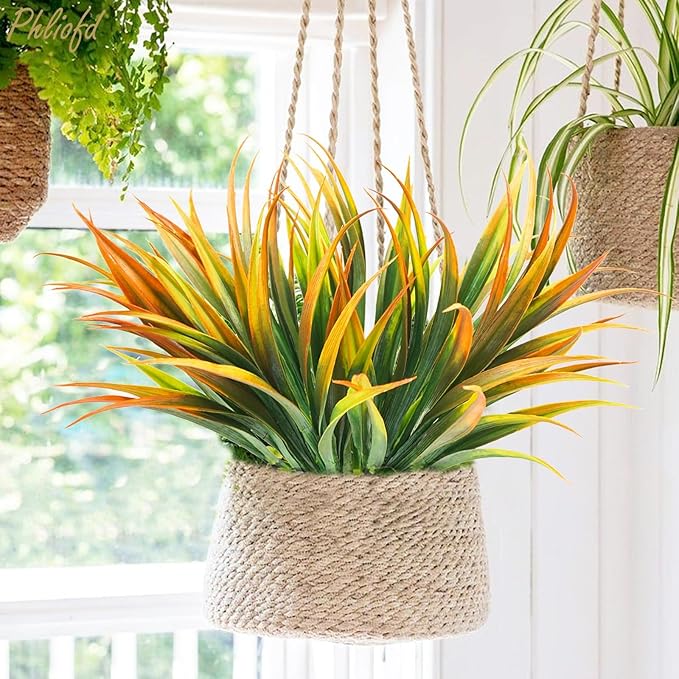 32 Pcs Artificial Grass Fake Plants 17.3in Outdoor Plastic Plants UV Resistant Greenery Fake Grass for Home Window Garden Office Patio Hanging Planter Pathway Front Porch Décor Orange Yellow Phliofd