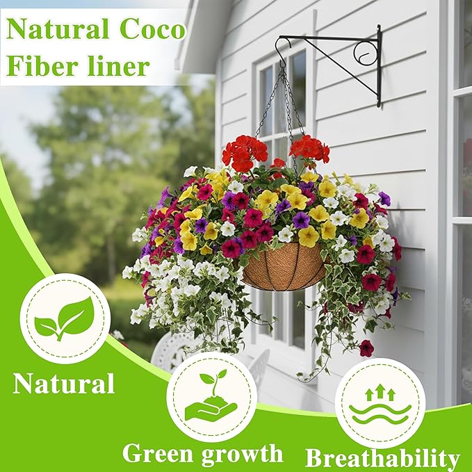 4 Pack Hanging Planter Basket with Coco Coin Liner 8 inch Hanging Flower Pots Outdoor Decorative Round Wire Plant Holder with Chain Metal Hanging Baskets for Plants Outdoor EIMQUVW