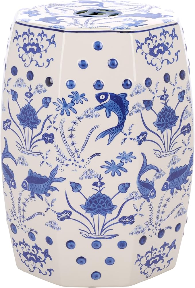 Safavieh Castle Gardens Collection Glazed Ceramic Blue Cloud 9 Chinoiserie Garden Stool SAFAVIEH
