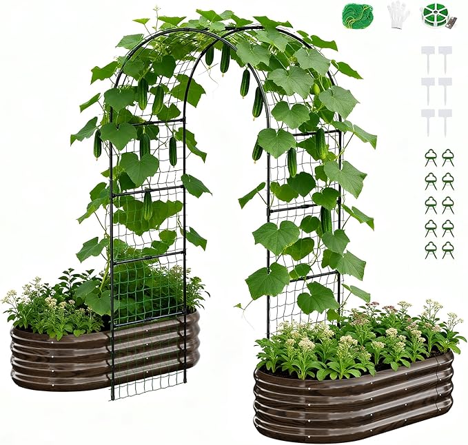 DoCred 3 in 1 Raised Garden Bed with 87in Tall Arch Trellis for Climbing Plants, Galvanized Planter Garden Box Outdoor for Gardening, Climbing Vegetables, Flower, Wood Grain DoCred