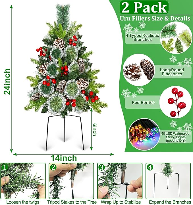2 Pack Outdoor Christmas Tree Urn Fillers with 8 Modes Timer, 40 Warm & Colorful Change Lights, Pinecones Red Berries Decorations, Battery Operated for Holiday Planters Yard Porch Pathway Xmas Decor Grandeal