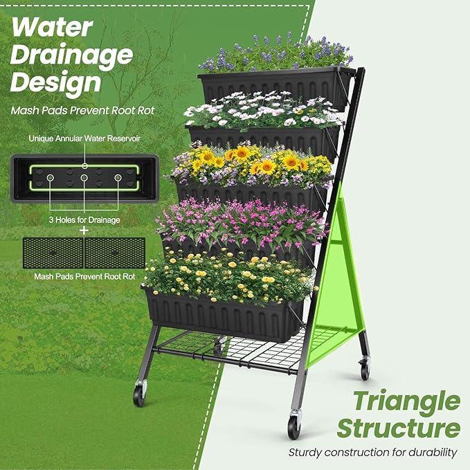 SEJOV 5-Tier Raised Garden Bed, 4FT Vertical Garden Planter with Storage Rack and Lockable Caster Wheels, Indoor Outdoor Raised Planter Box with Drainage System for Vegetables, Flowers, Herbs, Black SEJOV