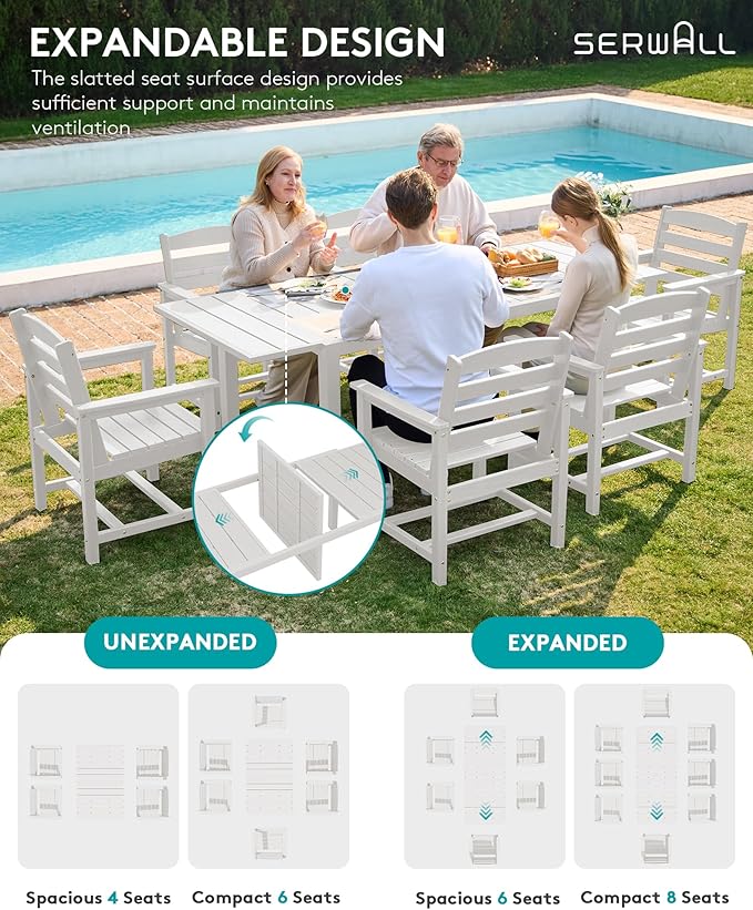 SERWALL 7-Piece Patio Dining Sets, 60" - 83" Expandable Outdoor Dining Table and 6 HDPE Chairs, All Weather HDPE Outdoor Furniture Set for Backyard, Garden, White SERWALL