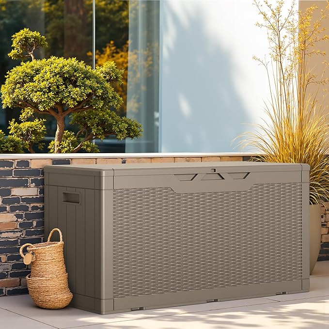 Greesum Outdoor Storage Box 100 Gallon Storage Bin with Lid for Patio Furniture, Garden Tools, Pool Supplies, Lockable, Waterproof and UV Resistant, Light Coffee BuynowfromGreesum