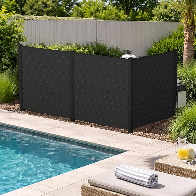 Kozyard 50" W x 48" H Outdoor Privacy Screens Aluminum Post, Air Conditioner Fence Panels, Pool Equipment Enclosure, Trash Can Screens Fence Kit for Outside Backyard Patio(Black/3Panels) Kozyard