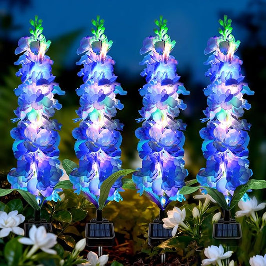 Solar Garden Lights, Solar Blue Delphinium Flowers Lights 4 Pack 80 LEDs, Waterproof Outdoor Light Two Lighting Modes for Outside Wedding Party Garden Yard Patio Lawn Decor MRHEPHAESTUS