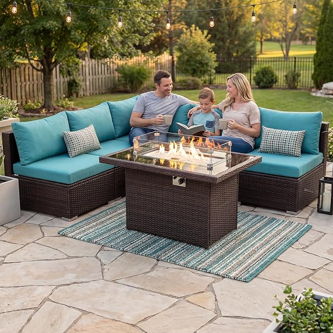 NICESOUL 6 Piece L-Shaped Patio Furniture Set with Fire Pit Table Natural Gas/Propane, 29.3'' High-Back Deep Wide Seat Outdoor Conversations, XL Big Fireplace Couches, Brown Rattan and Teal Cushion NICESOUL