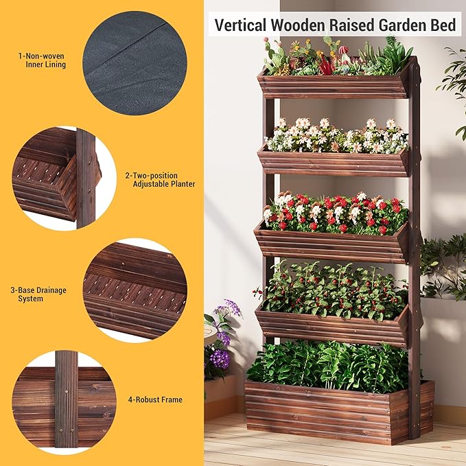 Vertical Wooden Raised Garden Bed Planters Wood Planter Kit Plant Stand Flower Rack Planter Box Gardening Plants Herbs Flowers Vegetables Outdoor Indoor Freestanding (Carbonized 5-Tier) RHINEINMIST