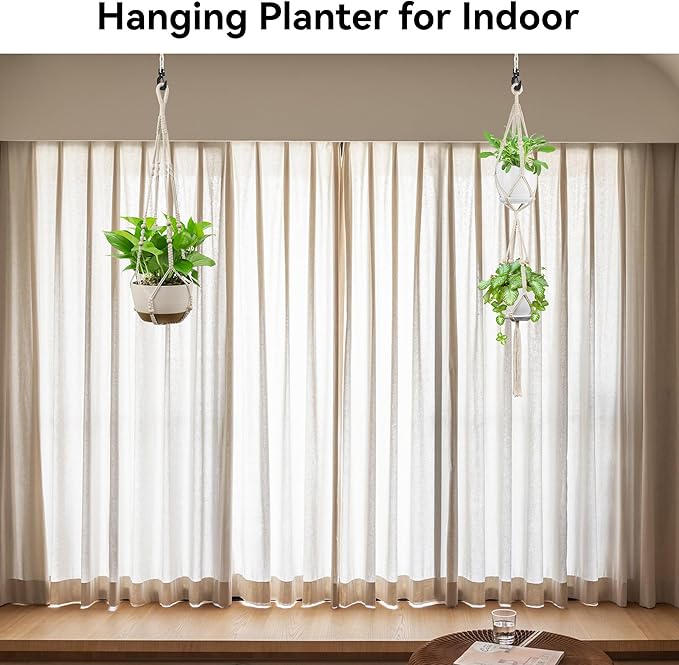 USLAI Macrame Plant Hanger Indoor Outdoor, Fits 4 to 15 Inch Pots, Strong Hanging Planter Holder, Boho Home Decor, 49+35 Inch, Ivory (POTS NOT Included) USLAI