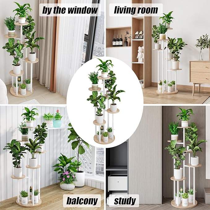 Plant Stand Indoor 6 Tier 9 Potted Multiple Flower Pot Holder for Patio Garden Balcony Living Room Corner (6 Tier White+Sonoma Oak) INGIORDAR