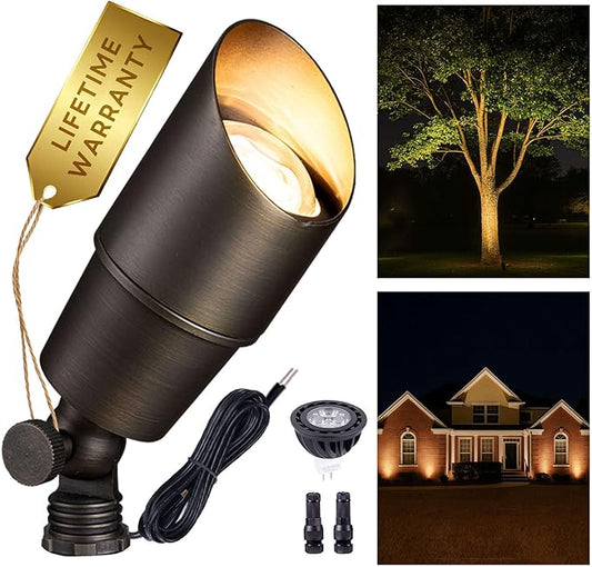 Gardenreet Landscape Spotlights Low Voltage - Brass Outdoor Uplight LED 12V, Wired Spot Lights IP65 Waterproof, Antique Bronze for Exterior Garden Yard Tree House with 5W 2700K Warm White MR16 Bulb Gardenreet