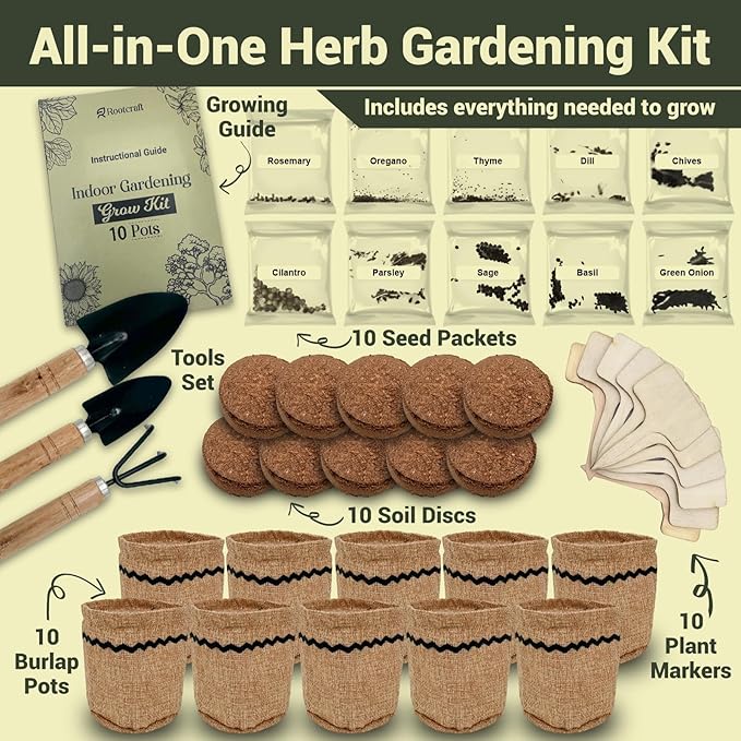 10 Herb Garden Planter Indoor Kit, 44pcs Complete Kitchen Herb Starter Set Including Burlap Pots, Markers, Soil Discs, Gardening Tools, Unique Easter/Birthday/Christmas Gift Ideas for Women, Mom ROOTCRAFT
