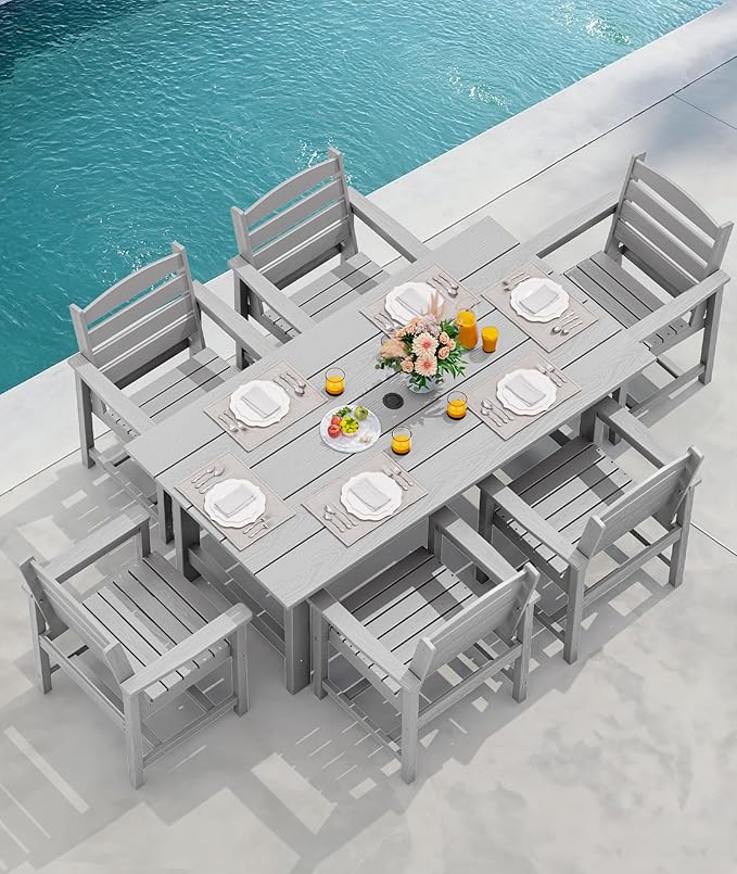 SERWALL Outdoor HDPE Dining Table Set, 7-Piece Outdoor Dining Table Sets with Umbrella Hole Cut-Out Table and 6 Chairs, Light Gray SERWALL